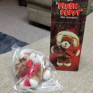 Vintage Avon Plush Puppy Tree Ornament - Brown & Red. ORIGINAL BOX & PACKAGING